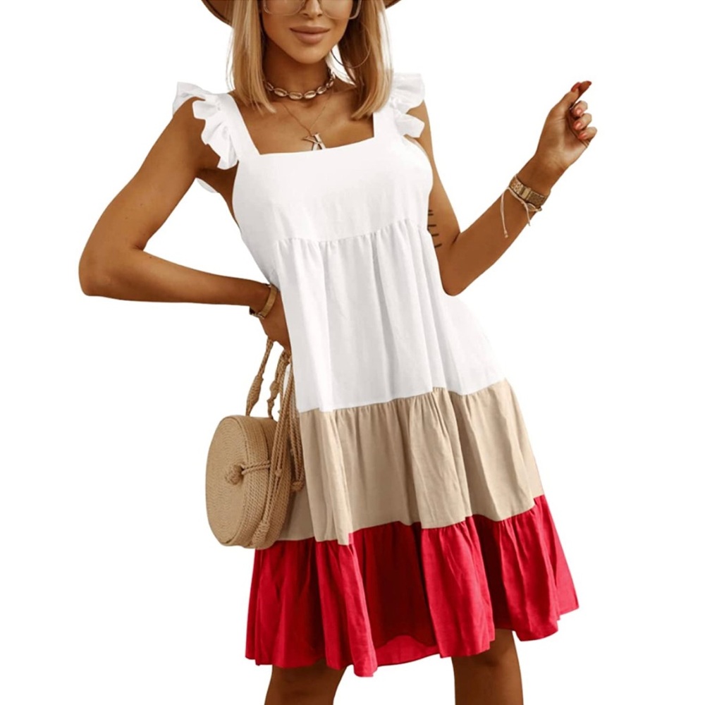 Boho white beige & red colorblock ruffle strap 3 tiered babydoll dress
